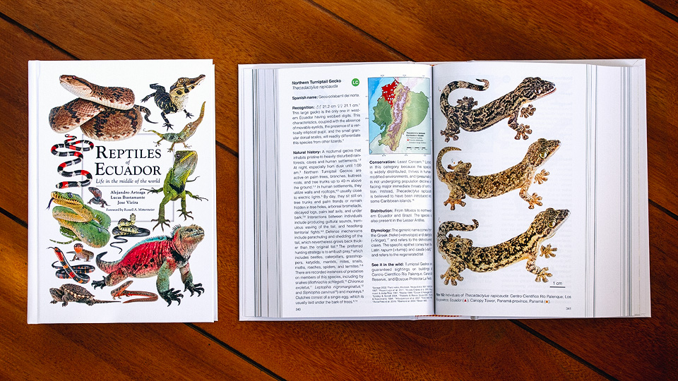 Photo showing the hardcover version of the Reptiles of Ecuador book