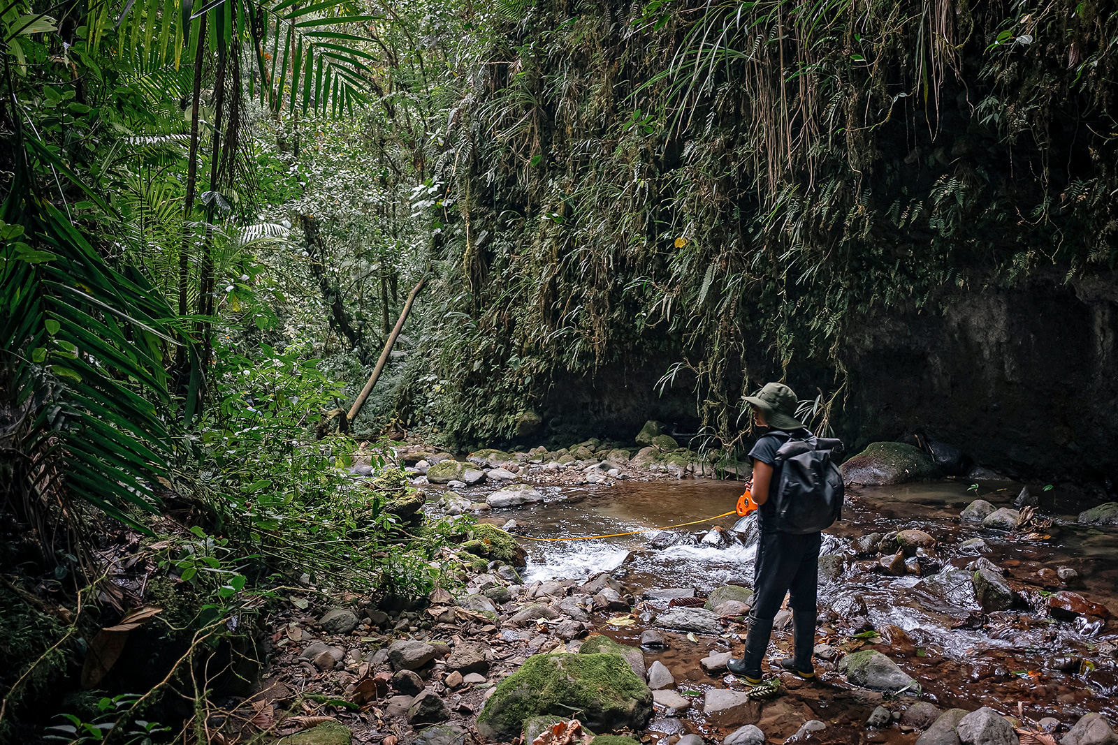 Image showing biologist Amanda Quezada surveying the river system at Arlequín Reserve