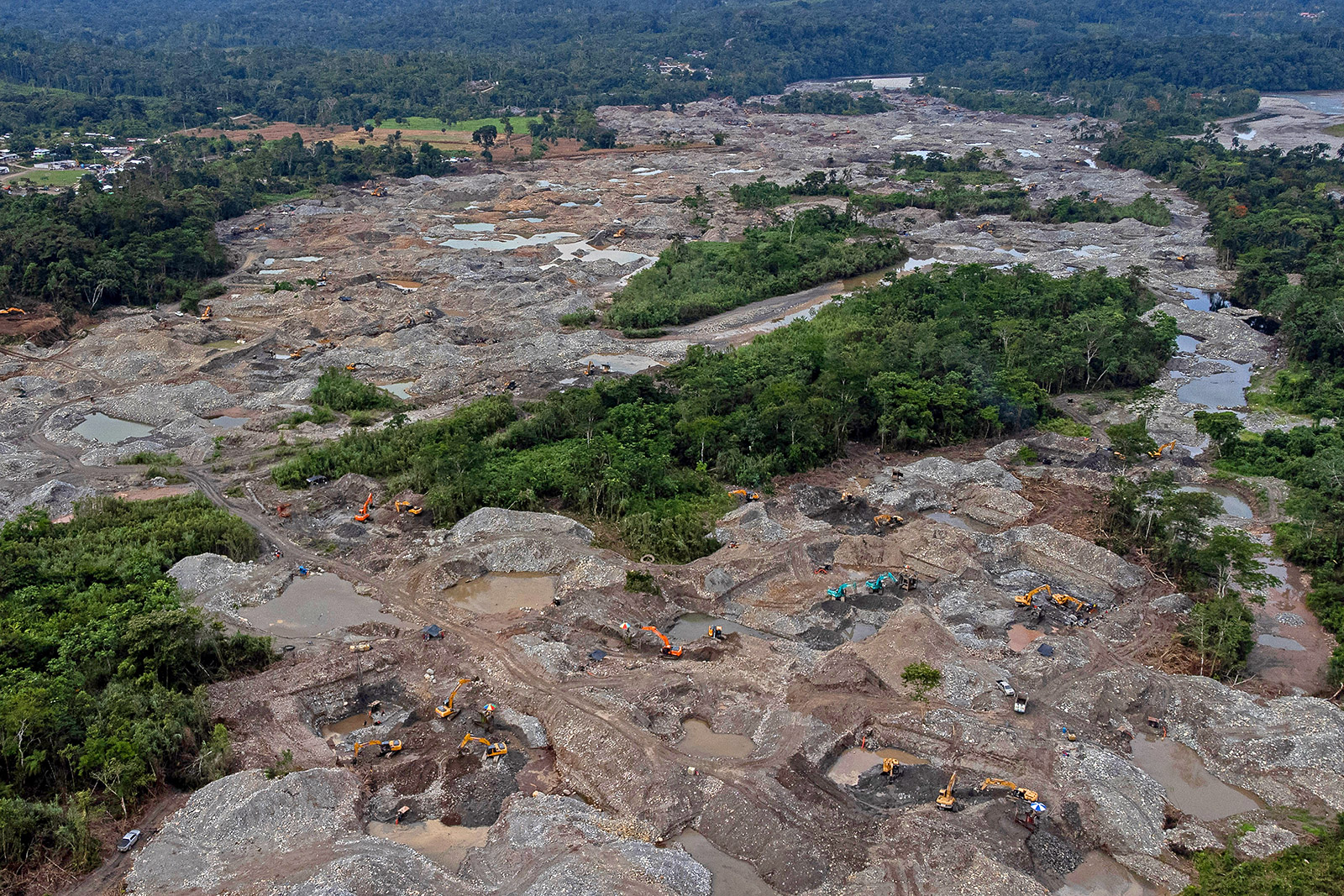 Aerial image showing the destruction of the upper Amazon rainforest due to gold mining