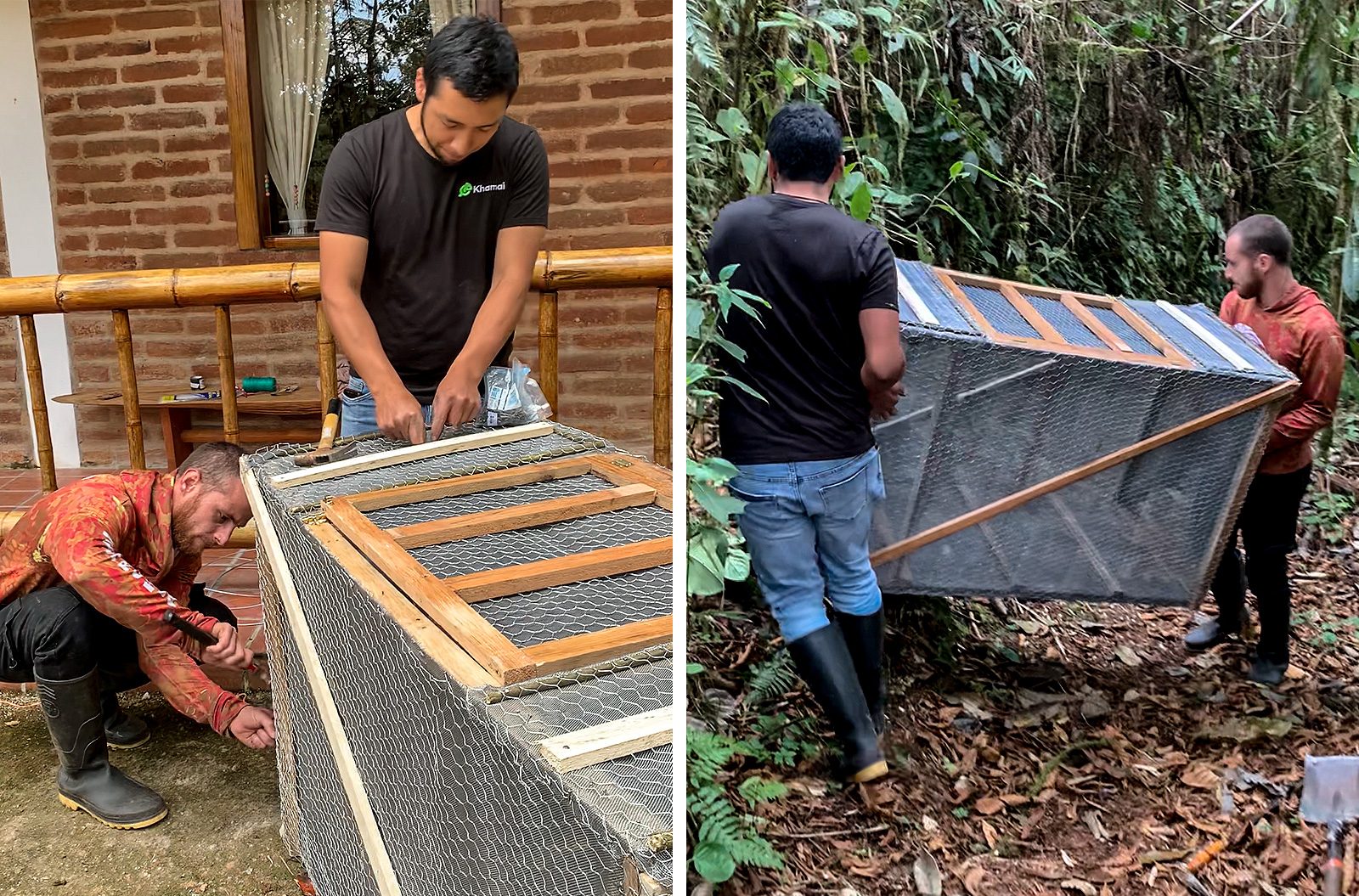 Image depicting biologist Jose Vieira and park ranger Gerardo Obando building an in-situ terrarium for the Mindo Toad