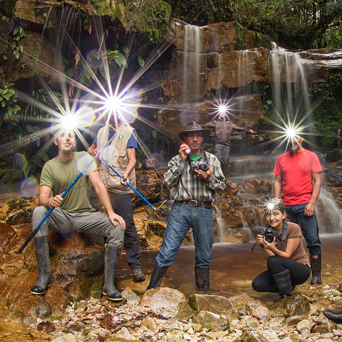 Image showing a group of biologists and photographers standing in front of a waterfall